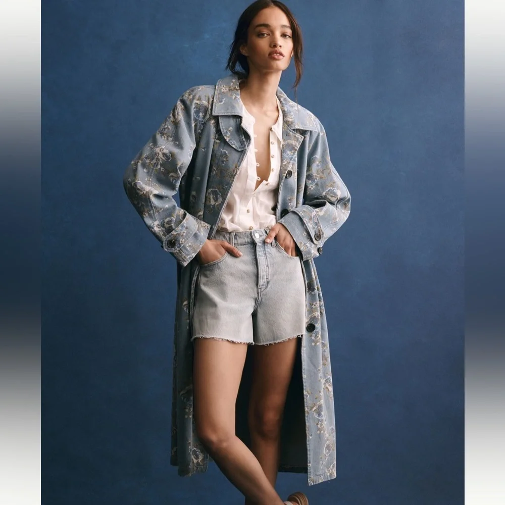 NWT - Avec Les Filles Printed Denim Trench Coat - Picture 2 of 4